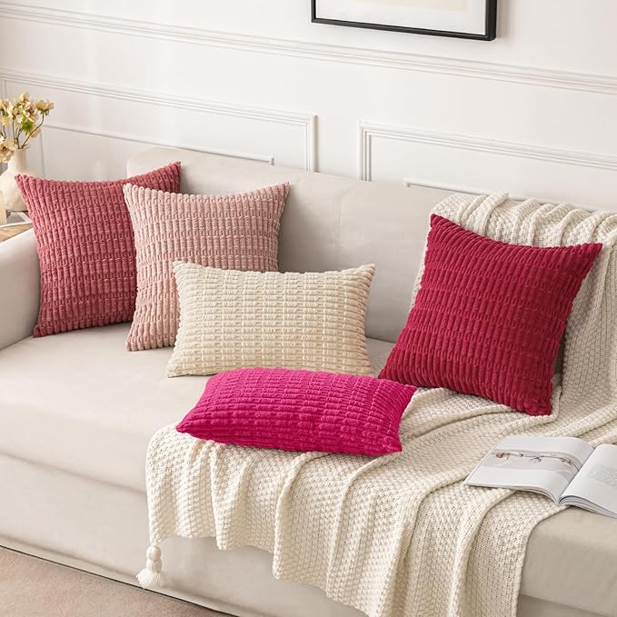 MIULEE Pack of 2 Corduroy Decorative Throw Pillow Covers 18x18 Inch Soft Boho Striped Pillow Covers Modern Farmhouse Home Decor for Sofa Living Room Couch Bed Hot Pink