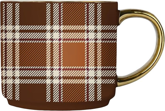 Sweet Water Decor Brown Plaid Mug with Gold Handle, 14oz Fine Bone China Coffee Cup for Tea, Latte, or Hot Cider, Cozy Fall Drinkware, Housewarming & Hostess Gift for Autumn and Thanksgiving