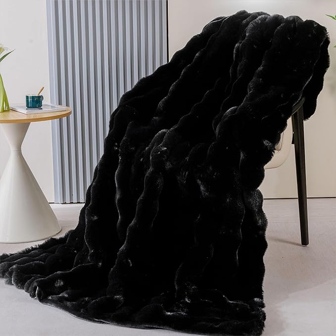 Faux Fur Black Thick Soft Throw Blanket 60X80 for Bed Couch Gift Office Chair Bunny Faux Rabbit Fur Blanket Decorative Warm Throw Blanket 860 GSM