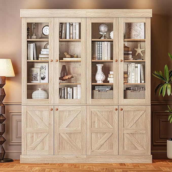 Vyre 71" Tall Farmhouse Bookshelves with Glass Doors, Set of 2 – Large Modular Bookcase with Adjustable Shelves, Storage Cabinet for Living Room, Kitchen, Home Office, Brown