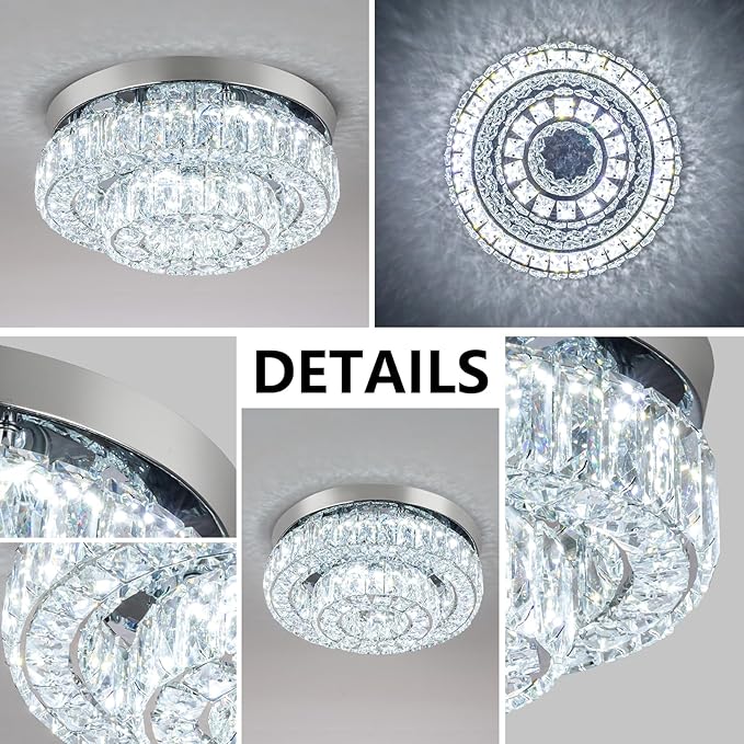 12 Inch Crystal Chandelier LED Ceiling Light 2 Tier Flush Mount Ceiling Light Fixtures Modern Chandelier Lighting for Hallway Bedroom Dining Room Kitchen (Cool White)