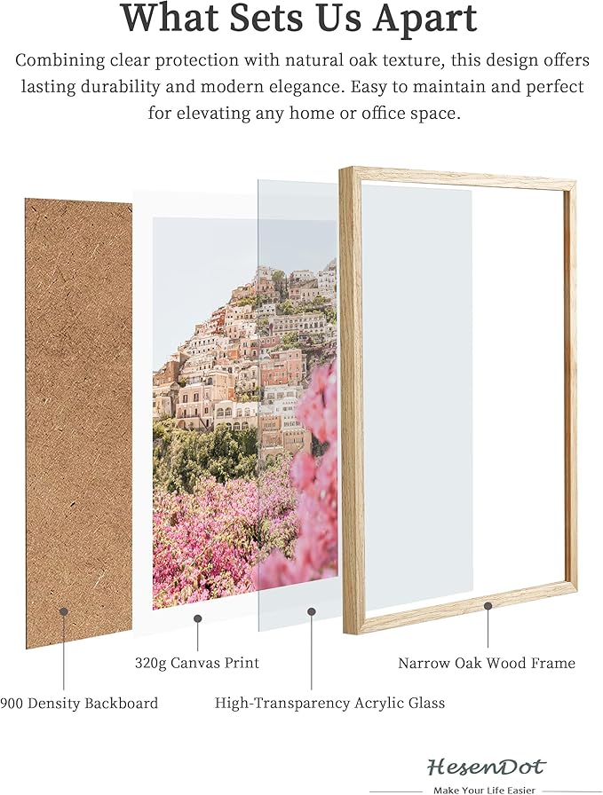HesenDot Natural OAK Wood Amalfi Coast Framed Wall Art,12x16in Italy Beach Canvas Wall Print, Pink Flowers House Boho Wall Decor for Living Room,Bedroom,Office Gallery Gifts Set of 1