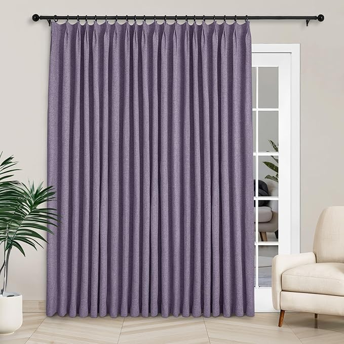 Macochico 100”Wx96”L Pinch Pleated 100% Blackout Linen Curtains Thermal Sliding Curtains for Bedroom Living Room Sliding Glass Door Farmhouse Shabby Chic Violet Drapery with Tieback 1 Panel