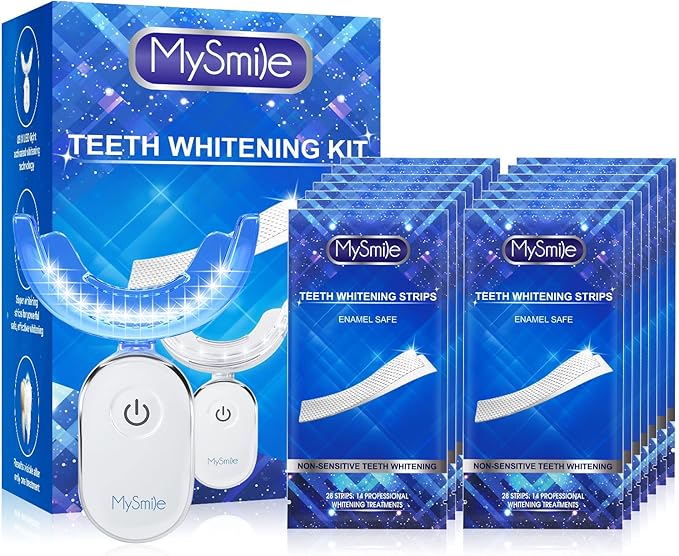 MySmile Teeth Whitening Strips Kit 14 Treatments with 28 LED Light - 10 Min Non-Sensitive Fast Whitening Teeth Enamel Safe Teeth Whitener - Helps to Remove Deep Stains
