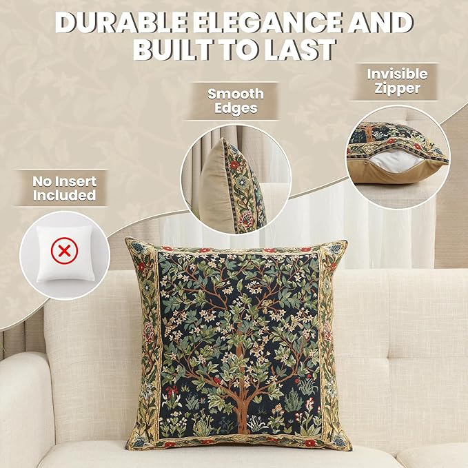 Charlotte Home Furnishings Throw Pillow Covers, Decorative Boho Pillow Covers for Couch, Living Room, Blue Tree Square Cushion Cases 18x18 in, European Cotton Jacquard Woven for Cozy Bedroom Decor