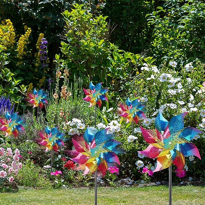 Hausse 10 Pack Reflective Pinwheels Wind Spinner, Extra Sparkly Rainbow Pinwheel with Stakes, Bird Repellent Blinder Devices Deterrent to Scare Birds Away from Yard Patio Farm Garden, Colorful