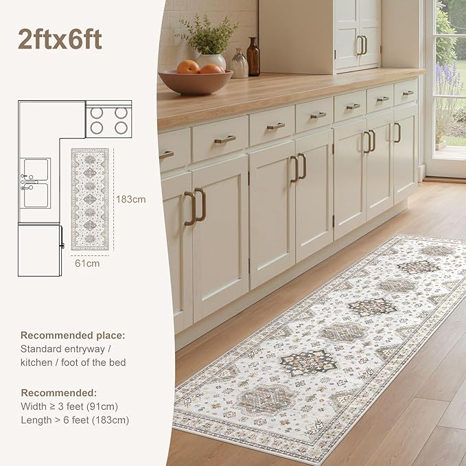 Washable 2x6 Runner Rug - Area Rugs Neutral Vintage Distressed Floral Farmhouse Boho Large Soft Floor Rug Indoor Carpet for Hallway Entryway Bedroom Kitchen - Blue Brown