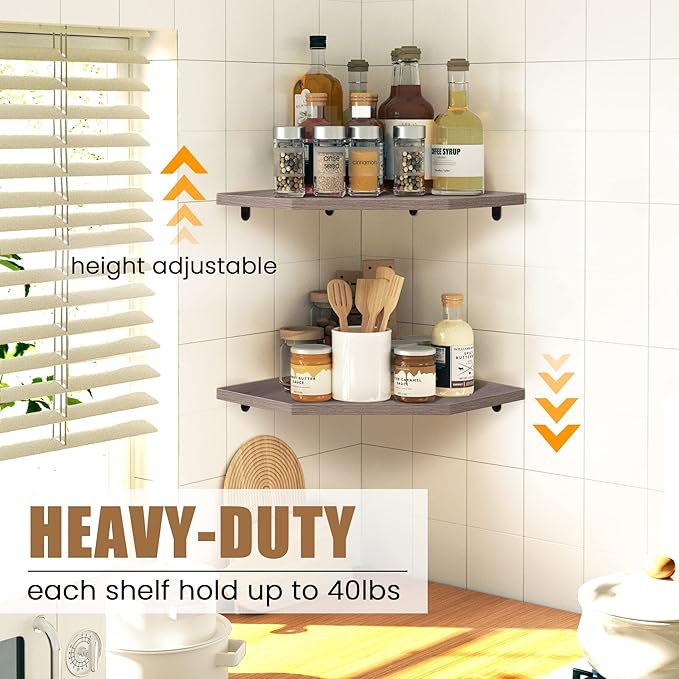 Corner Shelf Wall Mount, Floating Corner Shelves, Set of 2 Corner Wall Shelf Organizer, Rustic Wood Wall Storage Display Shelves for Living Room Bedroom Bathroom Kitchen, Rustic Grey