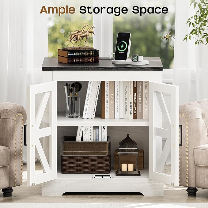 Farmhouse Side Table with Storage Cabinet, End Table with Adjustable Shelf, Large Night Stand, Wood Nightstand with Charging Station, 24" End Tables Living Room, Rustic Bed Side Tables Bedroom