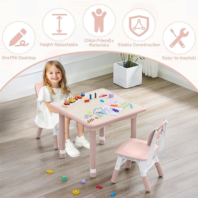 Toddler Table and Chair Set, Height Adjustable-Upgrade Kids Table and 2 Chairs for Ages 3-8, Multi-Activity Toddler Play Table with Graffiti Desktop for Home/Daycare/Classroom