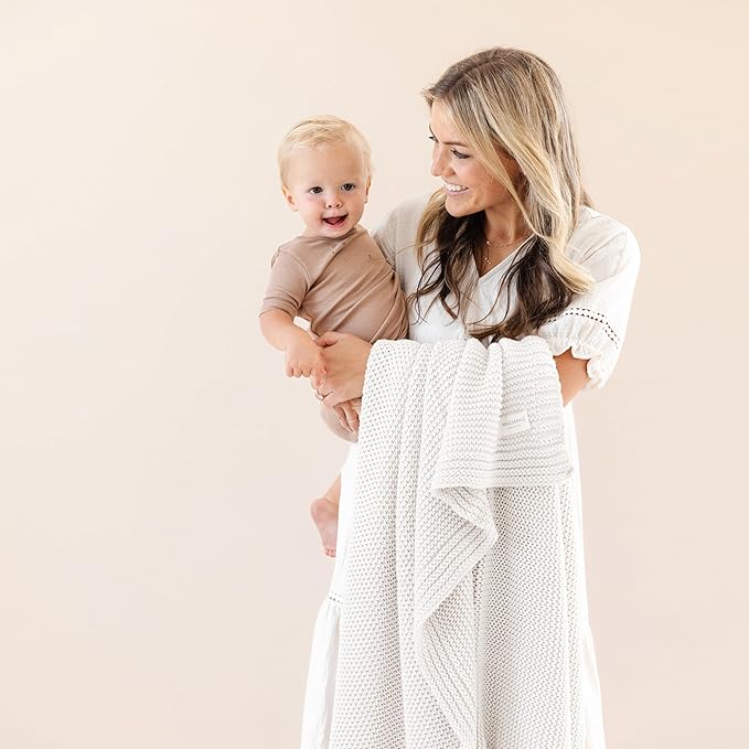 Makemake Organics Organic Cotton Throw Blanket GOTS Certified Organic Knit Blanket Couch Bed Neutral Fall Colors Soft Cotton Throw Blanket Large (50x60, Ivory)