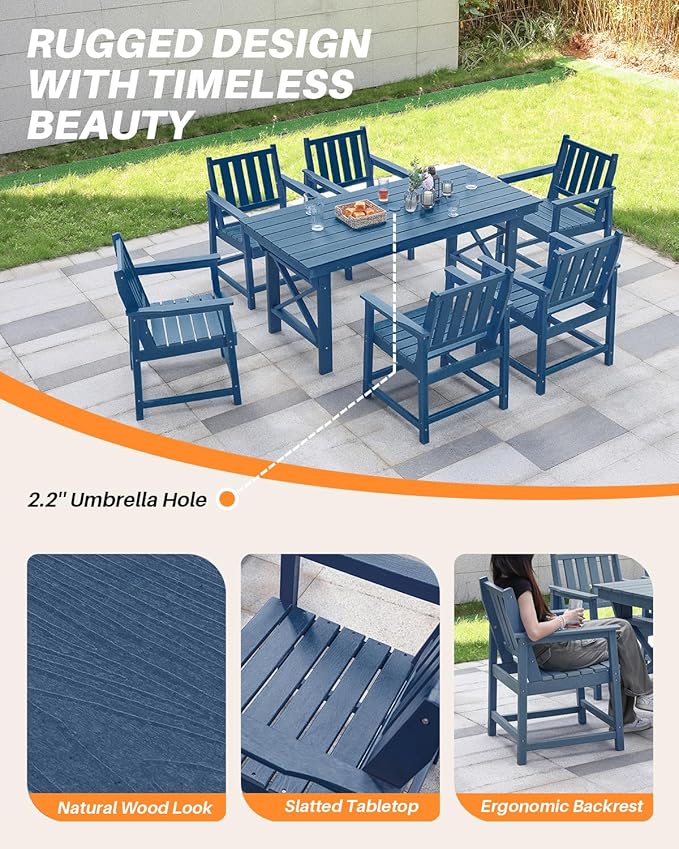 HDPE Patio Dining Set, 5-Piece Outdoor Table and Chairs with Umbrella Hole, Modern Outdoor Dining Set for 4, HDPE Outdoor Patio Furniture Dining Sets for Deck, Poolside, Porch, Navy