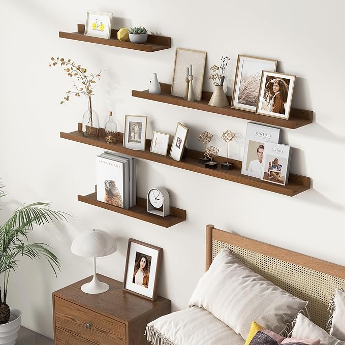 Picture Ledge Wall Shelves 48 Inches Width Set of 3, Solid Pine Wood Rustic Floating Ledge for Kids' Room Bedroom Kitchen Bathroom, Long Floating Shelves for Wall Decor, Walnut