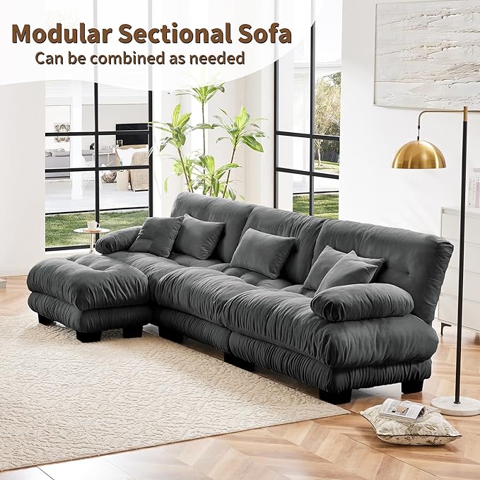 L Shaped Couch Sectional Couch, 3-Seater Cloud Couch Sectional Oversized Couch, Sofa Bed Couch with Round Bolster Armrests 5 Pillows, Modular Couch Home Sofa Living Room Couch(Gray)