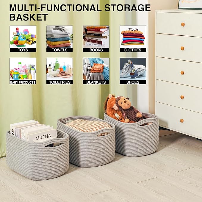 Storage Baskets for Organizing Shelves, Woven Cotton Rope Bins for Baby Nursery Organization, Book Toy Towel Organizer, 15"x11"x9.5", 3 Packs, Grey