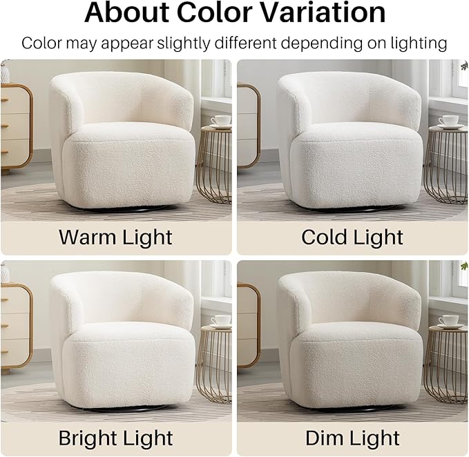 Swivel Accent Chair, Sherpa Teddy Barrel Chair for Living Room, Cozy Round Boucle Arm Chair, Metal Base for Club Nursery Bedroom, Beige Cream White