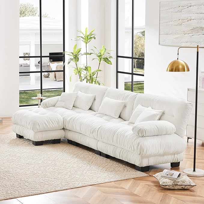 Modern L-Shaped Couch, 3-Seater Cloud Couch with Round Bolster Armrests, Oversized Loveseat Sectional Sofa, Chenille Fabric, White