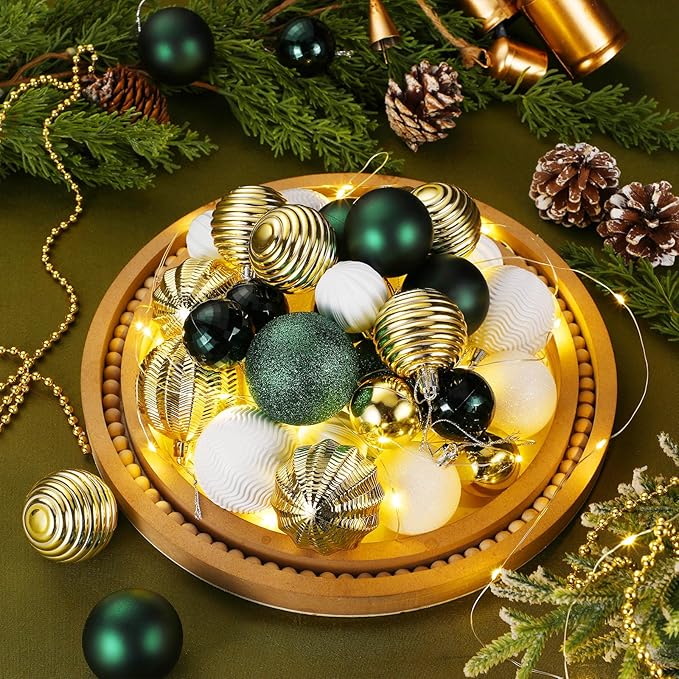 64 Pcs Christmas Ball Ornaments Bulk Green Gold White Christmas Tree Decorations Sets 1.6/1.97/2.4 Inch Shatterproof Glitter Xmas Baubles Assorted Xmas Bulbs Ornaments for Tree Home Decor