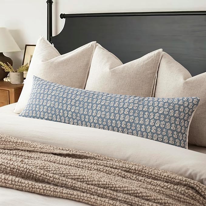 Foindtower Set of 2 Decorative Neutral Body Lumbar Throw Pillow Covers Vintage Accent Farmhouse Cushion Covers Floral Home Decor for Sofa Couch Chair Bedroom Living Room,14×36 Inch,Dusty Blue