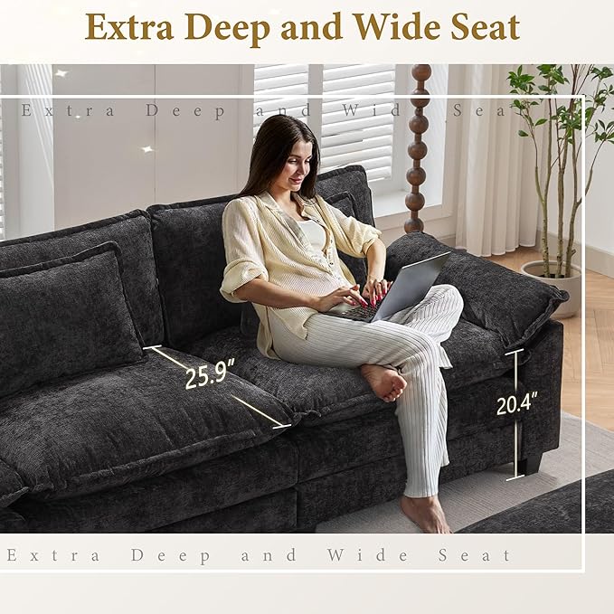 URRED Modular Sectional Sofa Comfy Cloud Couch, Modern Chenille Sofa Sleeper Deep Seat Couches with Ottoman/Pillows for Living Room (Black, 82.6''- L Shape)