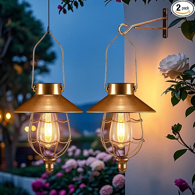 pearlstar 2 Pack Solar Lantern Outdoor Hanging Light Waterproof Metal Solar Lamp for Yard Garden Pathway Patio Porch Decor(Copper)