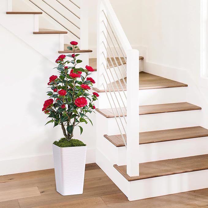 Artificial Camellia Tree 4FT Faux Trees Indoor Fake Floral Plant Blooming Tree with Red Flowers & White Tall Planter, Faux Camellia Plants for Porch Home Room Bedroom Office Front Door Outdoor Decor