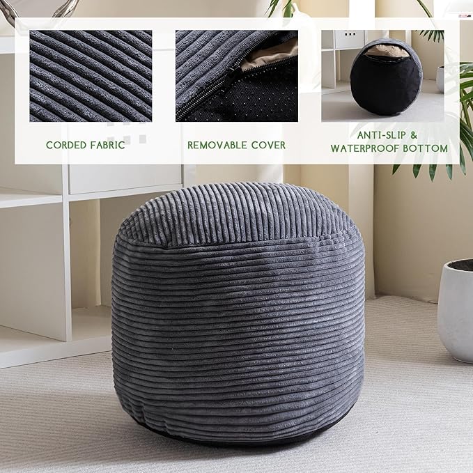 HIGOGOGO Round Stuffed Pouf Ottoman, Corduroy Poufs with Foam Chunk Filling, Furry and Fluffy Pouf Foot Stool Storage Ottoman, 20 X 15 Floor Poufs Foot Rest for Living Room, Dark Grey