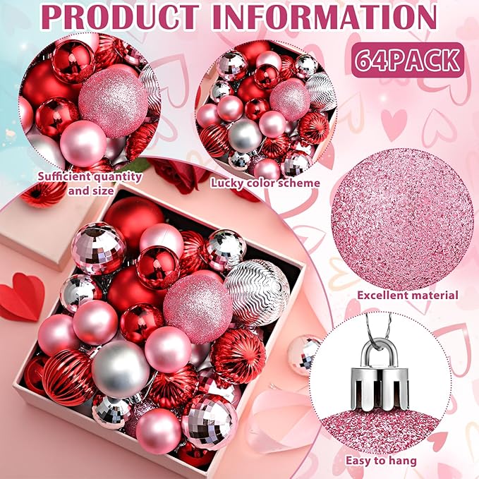 64 Pcs Christmas Ball Ornaments Pink Red and Silver Christmas Ornaments Glitter Valentine's Day Ball Ornament Assorted Size Xmas Ornament Valentines Decoration for Tree Home, 1.6/1.97/2.4 Inch