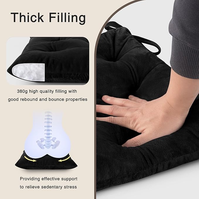 OVOV Chair Cushions for Dining Chairs Set of 6 Tufted Indoor Chair Pads with Ties Soft Square Seat Cushions for Kitchen Chairs 15.5"x15.5",Black