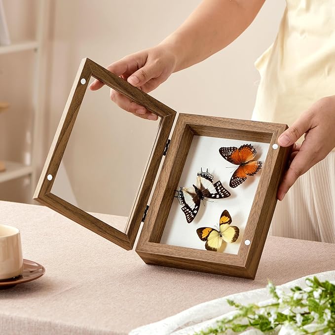 5x7 Deep Shadow Box Picture Frame Display Case with Linen Back and Stand,Real Glass Small Mini Brown Shadow Memory Box Frame 5x5 for Insect Display Pet Photo Memorial Flower Art Craft Gift