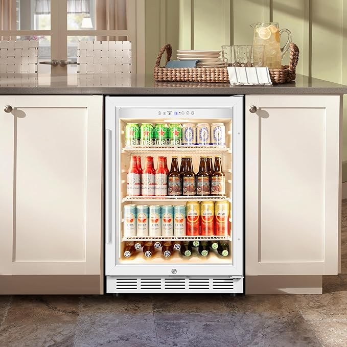 Tylza Beverage Refrigerator 24 Inch, Under Counter/Freestanding Drink Fridge, 190 Cans Beverage Cooler with Glass Door, Reversible Door, Low Noise, Quick Cooling - for Beer, Soda, ETC, White