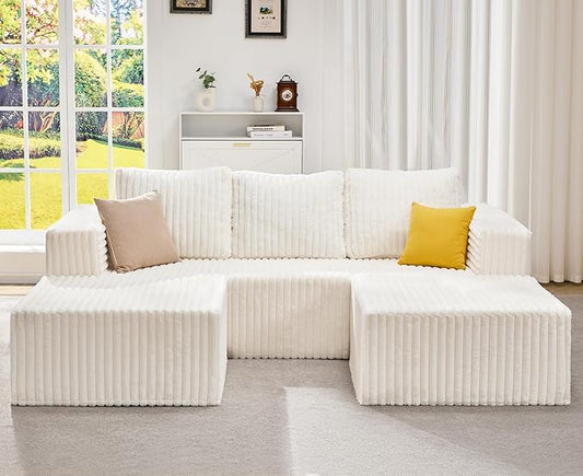 Hobestluk Modular Sectional Sofa Memory Foam Couch Oversized Sectional Sofa 3-Seater with Chaises Cloud Couch with Removable Cover U Shaped Sofa for Living Room (Strip White, U Shape)