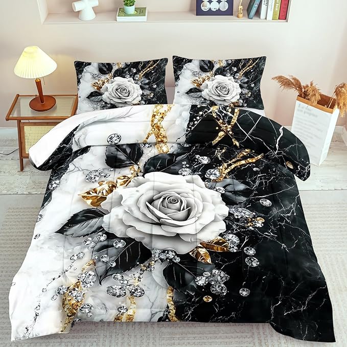 Marble Floral Comforter Set for King Bed Women,Vintage Flower Bedding Set King,White and Black Comforter Rose Quilt for Girls,Rose Bedding Floral Bedroom Decor Adults