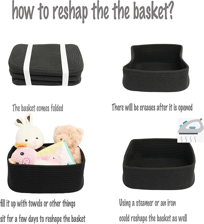 Small Woven Storage Baskets 12“X8”X5“ Decorative Rope Bins for Organizing Shelves, Closets, and Toys, Empty Gift Baskets, Cute Organizer Basket for Home and Office (black, regular)