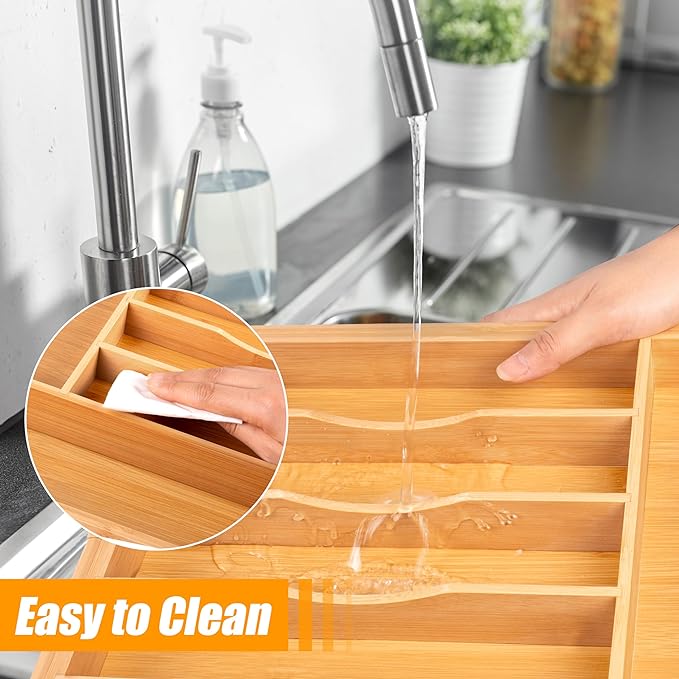 Bellsal Large Premium Bamboo Silverware Organizer - Expandable Utensil Drawer Organizer - 17"x19.6" Utensil Holder and Cutlery Tray with Grooved for Kitchen Flatware and Utensils Mother's Day Gift