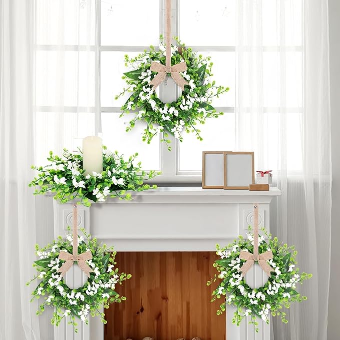 6 Pcs Artificial Forsythia Hanging Flower Wreaths Mini Green Boxwood Candle Rings Wreath Small Green Kitchen Cabinet Wreath for Pillar Front Door Porch Wall Window Farmhouse Home Decoration