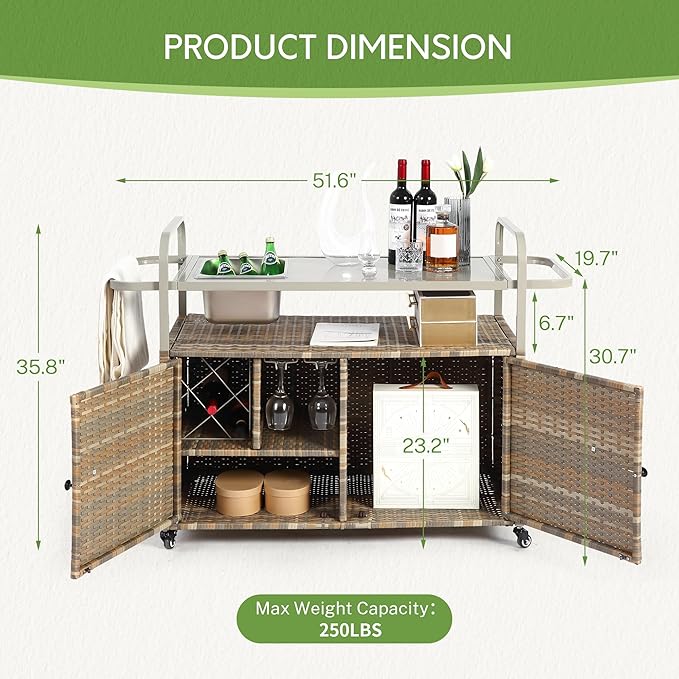 Wicker Outdoor Bar Cart with Ice Bucket, Patio Bar Table with 2 Ratten Doors Cabinet and Casters for Grill, Kitchen and Garden,Beige