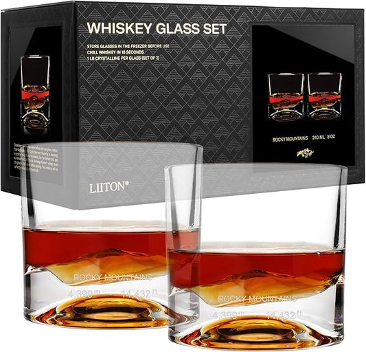 Rocky Mountains Heavy Crystal Whiskey Glasses Gift Set of 2, Thick Freezable Bourbon Glass 1lb Each, Premium Whiskey Gifts for Men, Frozen Crystal Chills Cocktails, 10 oz