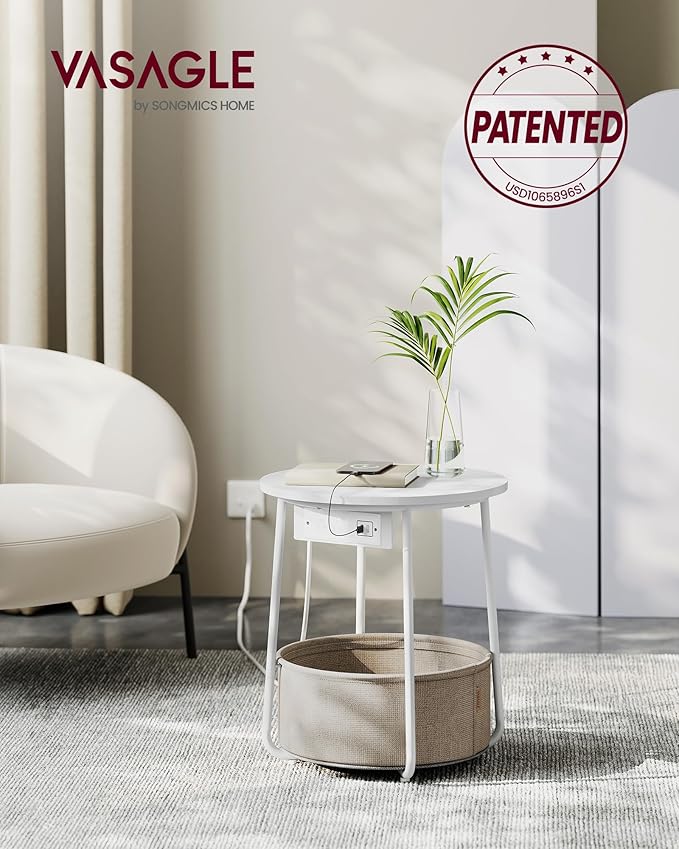 VASAGLE Side Table with Charging Station, Round End Table with Fabric Basket, Nightstand with Power Outlets, USB Ports, for Living Room, Bedroom, Modern, Matte White and Camel Brown ULET228W01