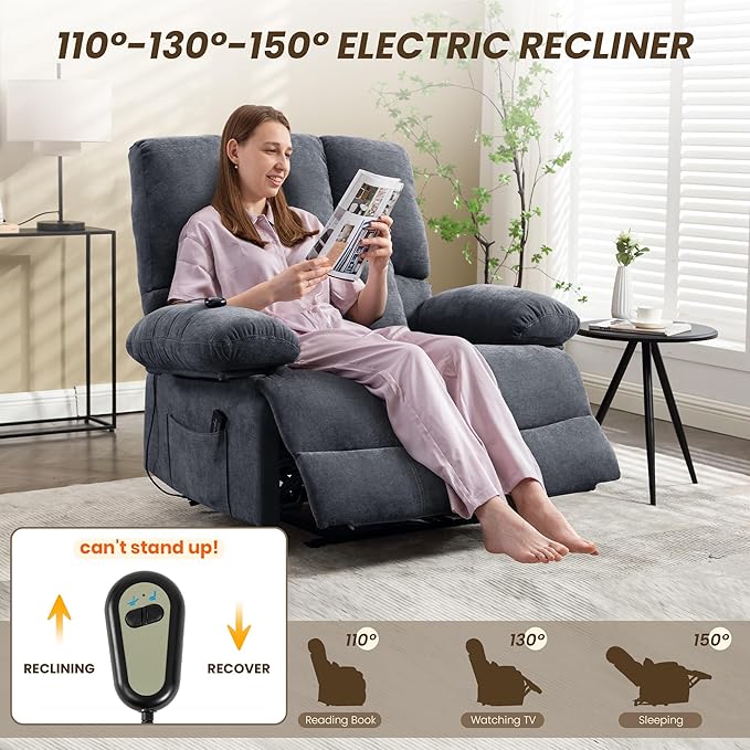 Oversized Power Recliner Chair 350lb with Hidable Cup Holders, Extra Wide Large Big Electric Recliner Chair with Lumbar Support Pillow Nursery Chair Living Room (Power, GREY-ET6008)