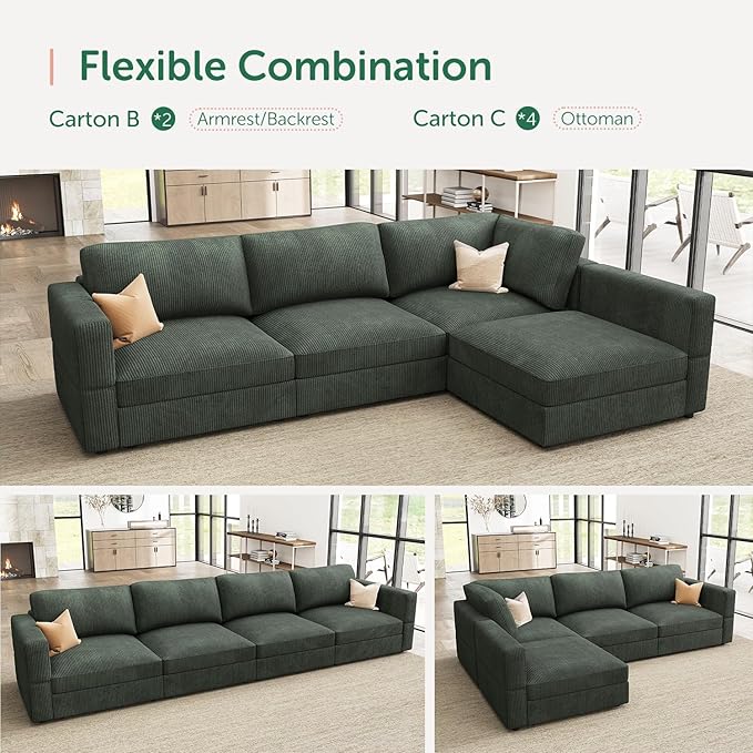 HONBAY Modular Sectional Couches with Storage Corduroy Sleeper Sofa Modular Sectional Couches for Living Room,Green