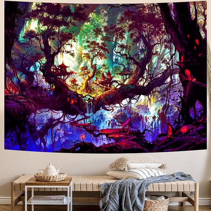 Delur Fantasy Forest Tapestry Mystical Landscape Magical Enchanted Forest Tree Nature Tapestry Psychedelic Wall Hanging Headboard for Bedroom Living Room Home Decor (59.1" x 78.7")