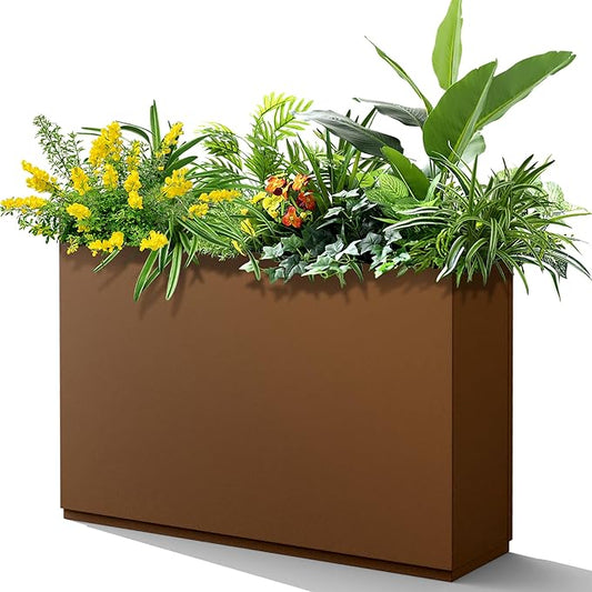 FENCY Metal Rectangular Planter Box for Outdoor - Large Planters with Drainage Holes (35.4" L x 9" W x 25.6" H, Brown)