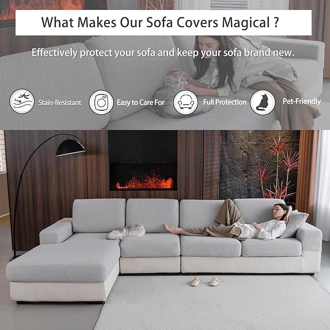 Couch Cushion Covers for Sectional Sofa, Stretch Soft Sofa Slipcovers Washable Wear-Resistant Universal Furniture Protector for Living Room(3 Seaters Covers, Light Gray)