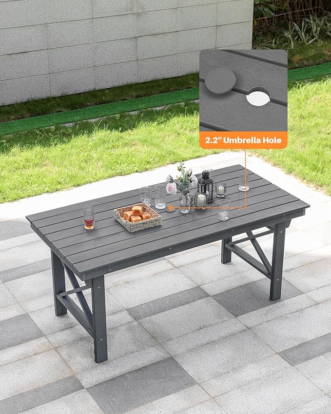 HDPE Outdoor Dining Table, 66.9” Rectangle Patio Dining Table for 6, All-Weather HDPE Outdoor Table with 2.2” Umbrella Hole, HDPE Patio Furniture for Deck, Backyard, Garden, Pool, Smoke Gray
