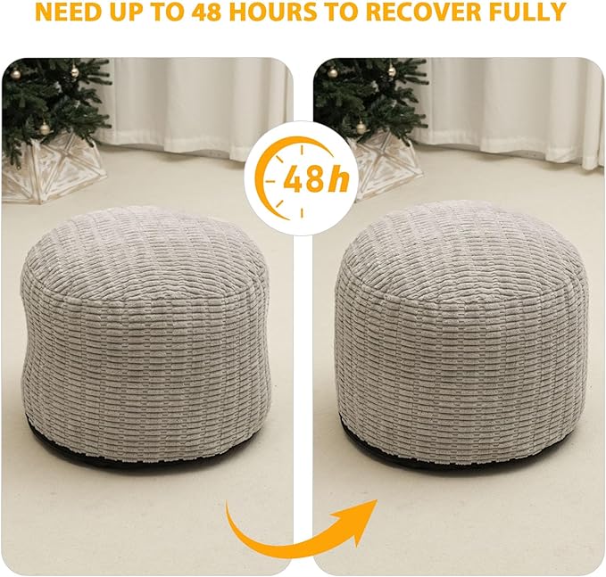 Round Stuffed Pouf Ottoman for Foot Rest, Storage Ottoman Pouf Foot Stool Cushion, Faux Fur Poufs with Foam Chunk Filling, 26 X 18 Inch Floor Chair for Living Room Bedroom Home Decor, Light Gray