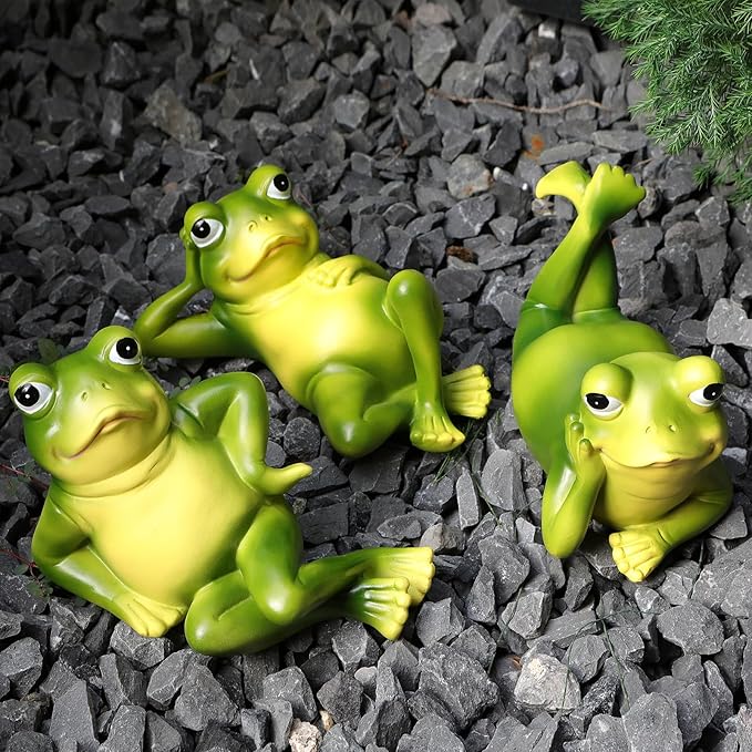 Frog Figurine Garden Decor Set of 3, Funny Lazy Frog Garden Statues Yard Decoration Outdoor Holiday Decorations, Unique Yart Art Outdoor Lawn Ornament for Outside Pond Pool Patio Front Porch Backyard