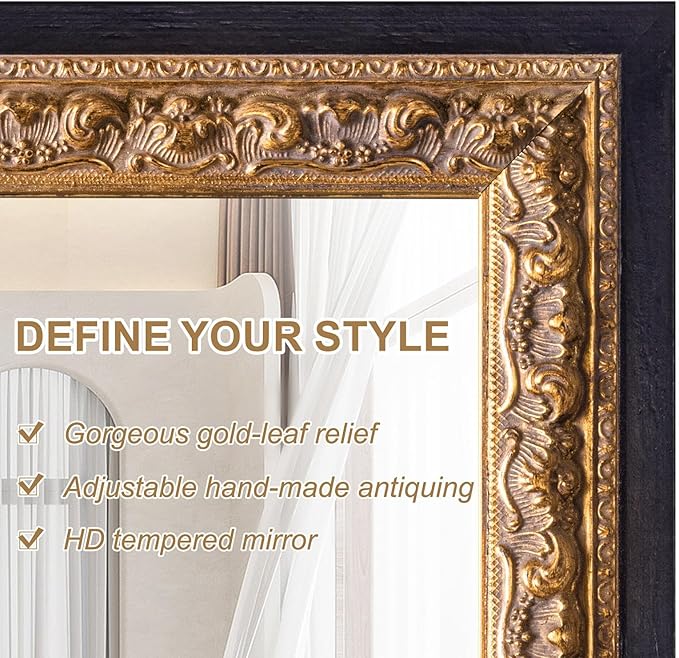 52"x36" Wall Mirrors Decorative, Black Bathroom Vanity Mirror with Gold Foil Carvings Wooden Frame for Living Room, Entryway and Bedroom