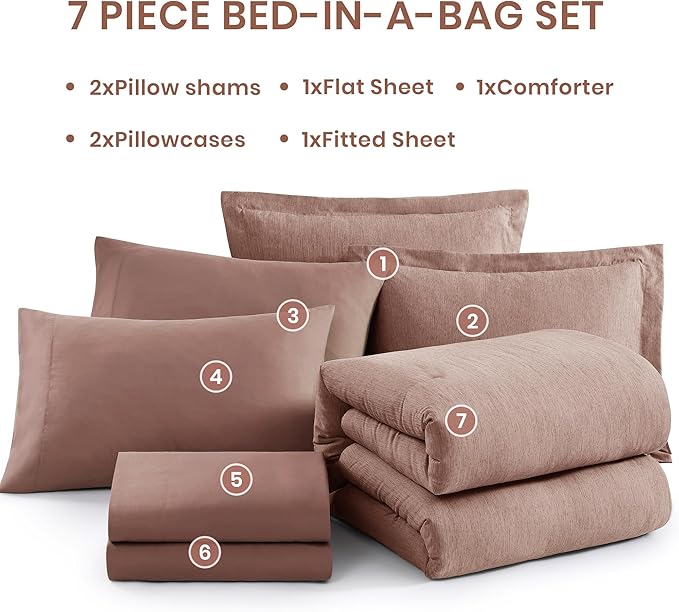 Monbix Queen Comforter Set - 7 Pieces Dusty Pink Cationic Dyeing Bed in a Bag Queen Bedding Sets with Sheets, Pillowcases & Shams, Reversible Bedding Comforters
