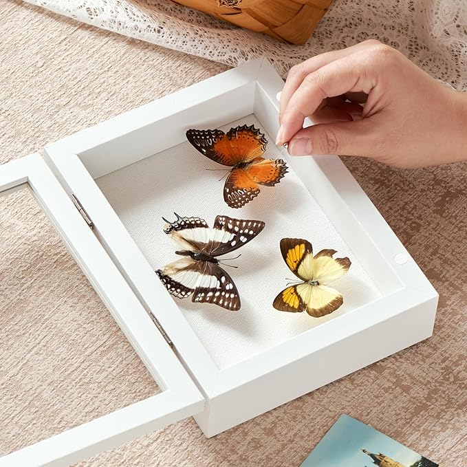 5x7 Deep Shadow Box Picture Frame Display Case with Linen Back and Stand,Real Glass Small Mini White Shadow Memory Box Frame 5x5 for Insect Display Pet Photo Memorial Flower Art Craft Gift